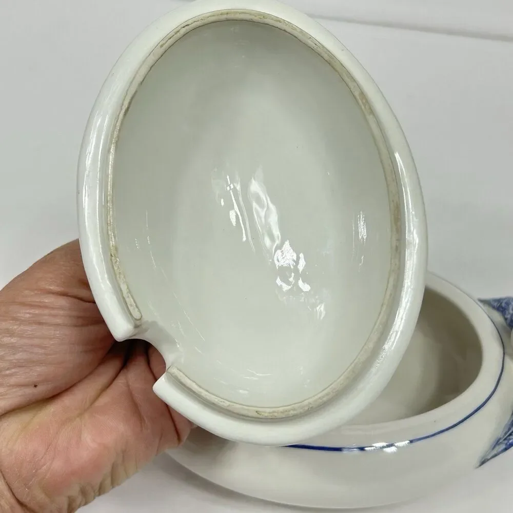 Blue White Ceramic Duck Tureen Ladle Lid Made in Italy Country Farmhouse Decor